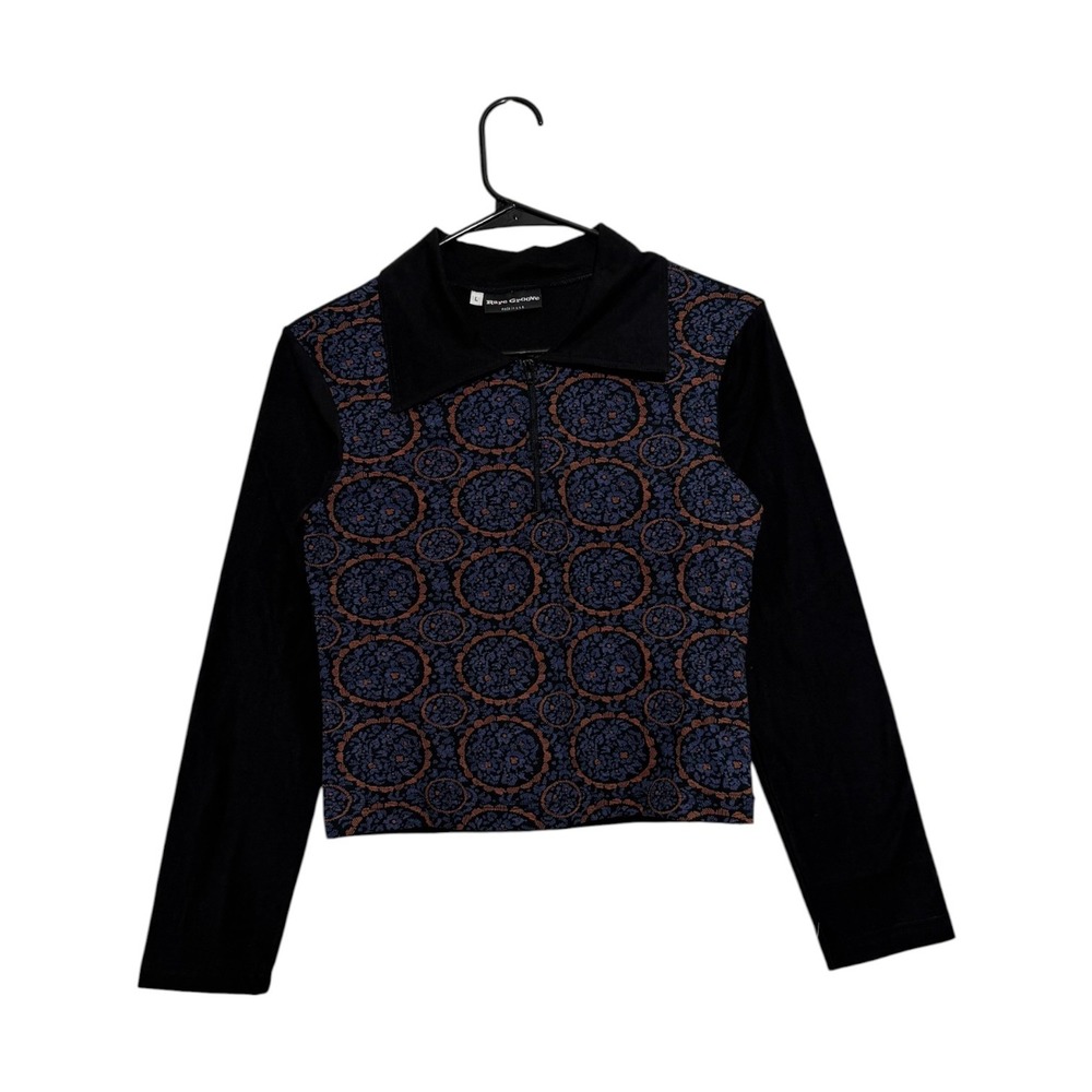 Rare Groove Retro Boho Quarter Zip Black Medallion Top Athleisure Womens L NEW